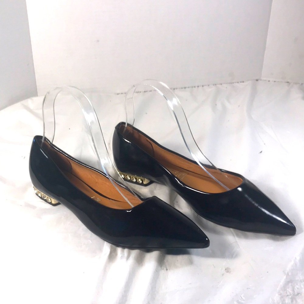 Women’s Vizzano Black Patent Leather Rhinestones Heel Slip On Pointy Toe Flatd